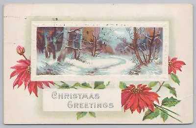 Holiday~Christmas~Poinsettias~Snowy Path~Silver Detailing~Vintage Postcard • $3