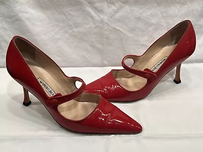 $700+ Manolo Blahnik Bright Red Patent Leather Campari Mary Jane Stiletto Pumps • $129