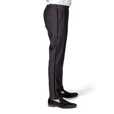 Tuxedo Black Dress Pants VELVET Side Line Mens Slacks Trouser Flat Front By AZAR • $48.95