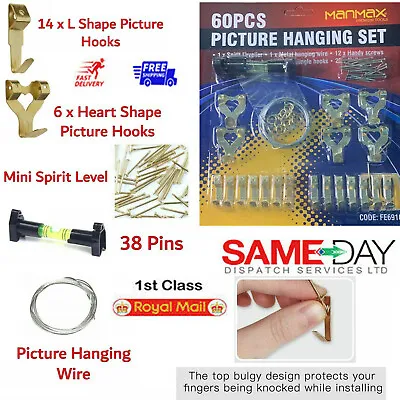 Picture Hanging Kit Mirror Photo Frame Hooks Brass Nail Wire Set Wall Art • £3.87