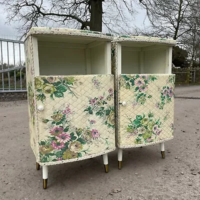 Pair Vintage Bedside Tables Retro Mid-Century Floral Design White Cabinets • £45