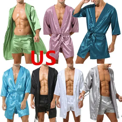 US Sexy Men's Sleepwear Satin Robe Silky Soft Lightweight Nightgown Long Sleeve • $19.24