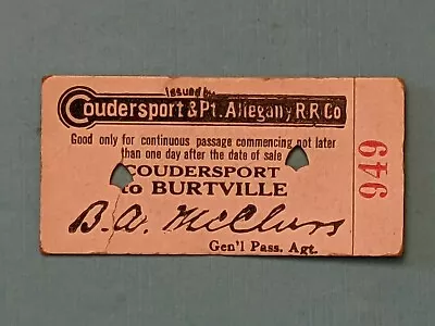 Vintage Train Ticket Coudersport & Pt. Alligam Railroad Depots 1920's • $8.96