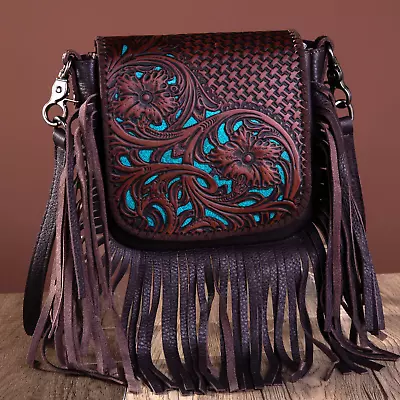 Montana West Genuine Leather Tooled Collection Fringe Crossbody Coffee • $59.99