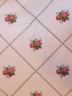 Vtg Mexican PINK COTTON TABLECLOTH COVERLET Hand Embroidered RED ROSES 100 X92  • $100
