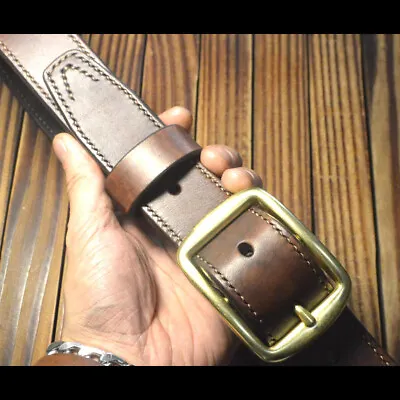 Hand Sewing Custom Made  Full Grain Saddle Leather Durable Belt Brass Buckle • £81.59