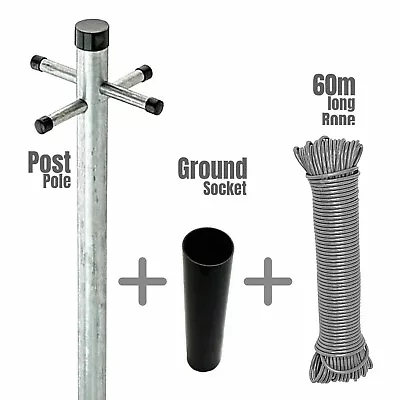 Heavy Duty Galvanised Clothes Pole Ground Socket & 60m Nylon Washing Line • £25.66