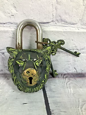 Trinetra Artizan Solid Brass Lion Padlock With 2 Keys Fully Functional 5.5x 3.5 • $69.99