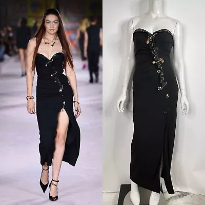 Versace Ss2021 Black Strapless Crystal Safety Pin Dress It42 Us8 • $1500