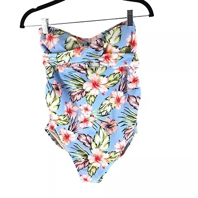 Isabel Maternity One Piece Swimsuit Strapless Molded Cups Floral Tropical Blue M • $6.79