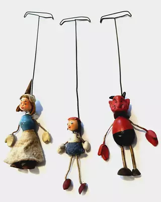 Marionette Handpainted Wood Composite Felt 4.5  Set 3 Woman Child Devil Vintage • $24