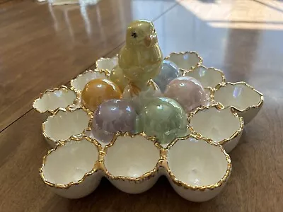 Vintage Ceramic Egg Plate Easter 12 Egg Dish With Chick Iridescent Gold • $50