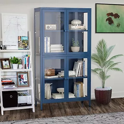 Blue Glass Door Storage Cabinet - Adjustable Shelves Steel • $281.11