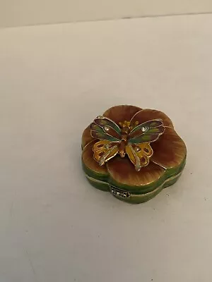 Metal Trinket Box Floral With Butterfly Shades Of Green Gold Purple  • $7