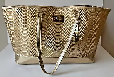 Versace Parfums Gold Ribbed Magnetic Clasp Weekender Travel Tote Large Bag VGUC • $119
