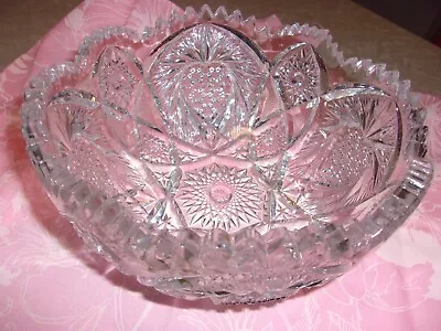 Vtg Crystal Cut Glass Serving Bowl Fruit Salad Saw Tooth Edge Wedding Shower • $14