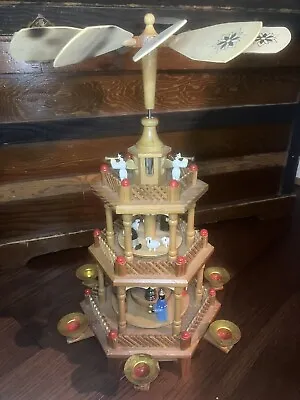 Vintage Christmas 3 Tier Pyramid Wooden Nativity Candle Windmill Carousel German • $129.97