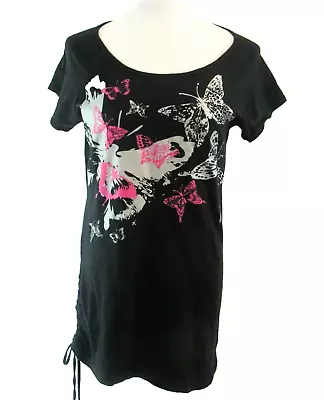 Zoey & Beth Women's Short Sleeve Top Black Side Drawstring Butterflies Size XL • $13.99