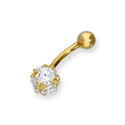 Real 375 9ct Gold & Clear CZ Crystal Sphere Ball End Belly Bar Orb Globe Tummy • £95