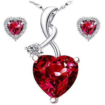 Sterling Silver Simulated Heart Ruby Pendant Necklace Earring Set Gifts For Her • $46.36