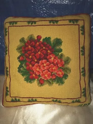 12  Vintage Needlepoint Wool Velvet Back Geraniums Cottagecore Boho Pillow  • $24
