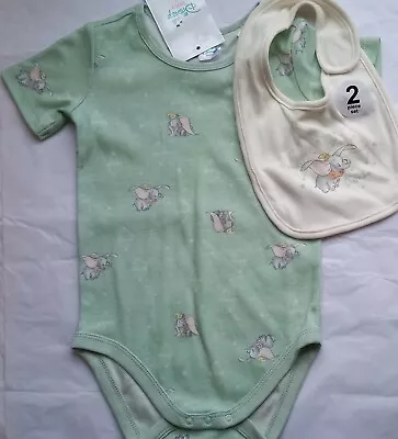 DUMBO Baby Boy Girl Licensed Romper Mint Bodysuit + Bib Set NEW Size 2 • $11.16