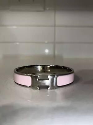 Hermes Designer Clic Clac H Pink Enamel Silver Cuff Bangle Trendy Bracelet • $199.99