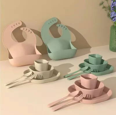 Baby Feeding Set Silicone Weaning Supplies With Plate Bowl Bib Spoon Fork Cup • £12.99