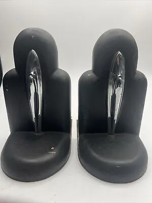 Vintage Mid Century Modern Wooden Metal Bookends Art Deco Black Silver MCM • $33.99