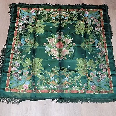 Vintage Brocaded Flowers Chinese Silk Tapestry Tablecloth 48  X 48  Green • $65