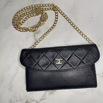Chanel Bag Authentic Used Crossbody Bags Matelasse Black Gold Vintage Pouch • £176.77