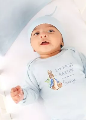 My First Easter Blue Rabbit Blue Babygrow L New Baby | Easter Personalised • £6.99