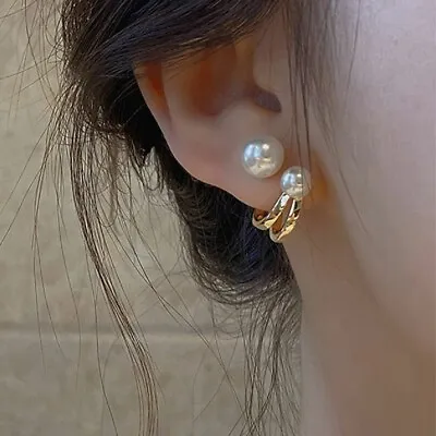 925 Sterling Silver Gold Pearls Earrings Stud Womens Girls Jewellery Gift • £3.47