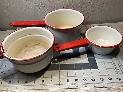 Vintage Collectible White Enameled With Red Trim Double Boiler Pot~ 3 Pieces • $21.99