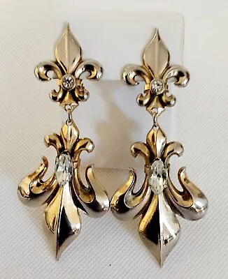 Vintage Fleur-de-Lis And Rhinestone Runway Statement  Dangle Clip-on Earrings • $23