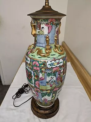 Vtg. Asian Urn Style Table Lamp: Painted Ceramic Scenic People Gold Trim. • $425