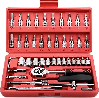 46 Pieces 1/4 Inch Drive Socket Ratchet Wrench Set With Bit Socket Set Metric   • $29.99