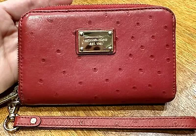 Michael Kors Red Ostrich Embossed 3/4 Zip Leather Wristlet ~ Great Condition • $33.50