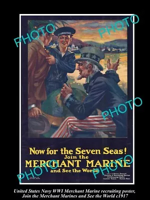 OLD POSTCARD SIZE PHOTO OF WWI USA NAVY MERCHANT MARINE RECRUITING POSTER C1917 • $4.51