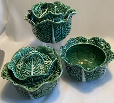 Set Of 3 Majolica Secla Portugal CABBAGE GREEN Small Tureens Bowls • $47.99