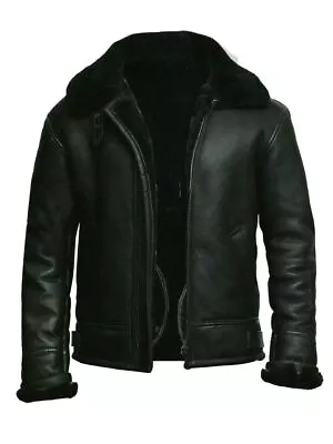 Men's B3 Aviater Bomber Faux Fur Flying Collar Black RAF Leather Jacket • $204.99