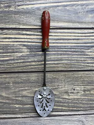 Vintage Miniature Slotted Spoon Metal Red Wooden Handle 8” • $14.99