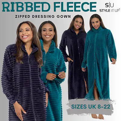 Ladies Womens Ribbed Fleece Dressing Gown Zipped Super Soft Cosy Nightwear • £24.99