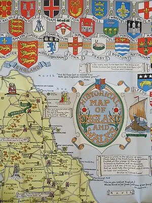 England & Wales Historical Cartoon Pictorial Map C.1950 Big Colorful Linen Back • £189.81