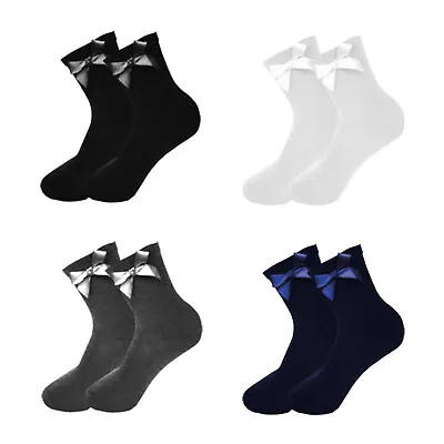£1.97 • Buy Girls Ankle Bow Socks Ribbon Lycra Cotton Rich School Black Grey Navy White