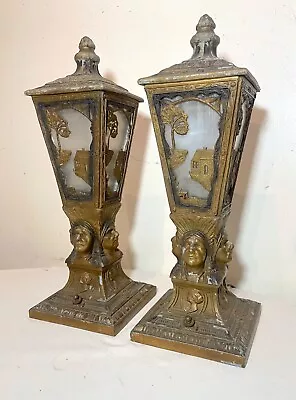 Rare Pair Antique Indian Chief Native Ornate Figural Boudoir Table Lantern Lamps • $1174.99