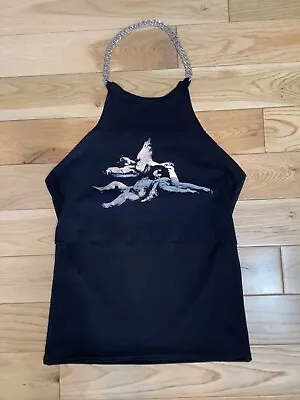 💋Lovebomb Silver Angels Chain Halter Neck Black Camisole Vest Top.Goth.Y2K.M • £6.99
