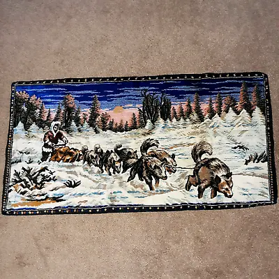 Vintage Velvet Alaska Husky Dog Team Sledding Winter Scene Tapestry  38  X 20  • $25.99