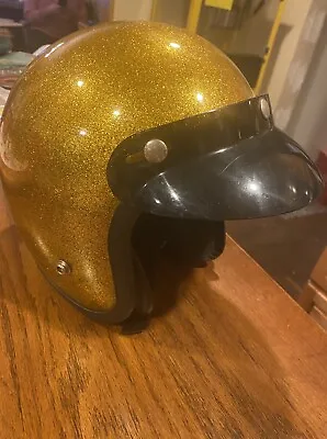 Vintage Gold Metal Flake Motorcycle Helmet  With Bubble Visor • $83