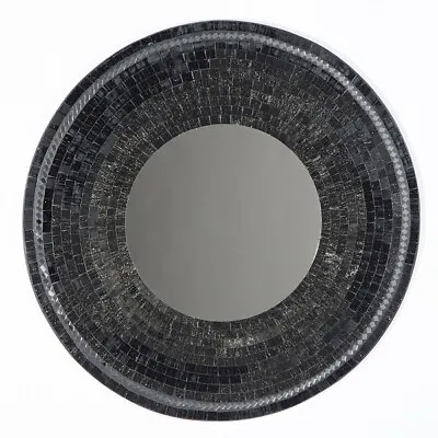 Fair Trade Round 60 Cm Black Mosaic Glass Bali Mirror MIR-001-60-B • £35.50